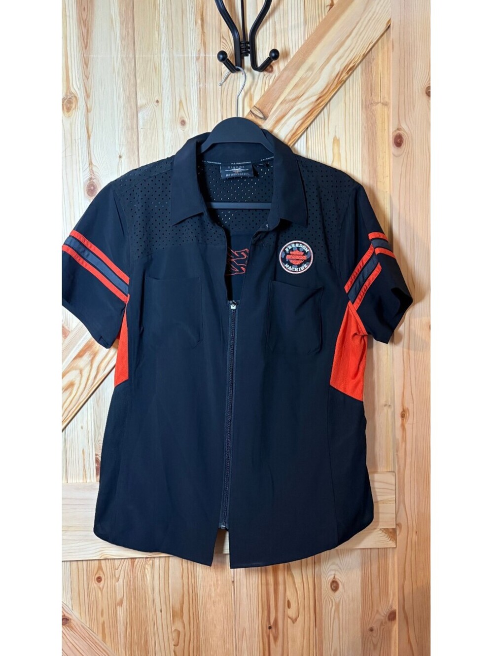Harley-Davidson Black and Orange Short Sleeve Zip-Up Shirt